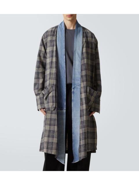 Greg Lauren $1600 Greg Lauren Plaid Denim-Trim Long GL1 kimono robe