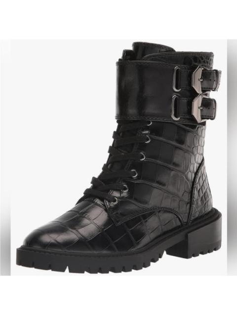 Other Designers New! Vince Camuto Black‎ Croc Lace Up Fawdry Block Heel Leather Combat Boot Sz 6