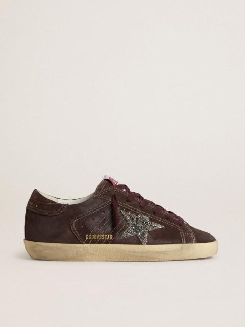 Golden Goose Women's Super-Star in brown suede with silver glitter star