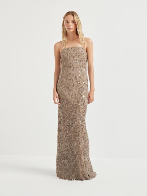 Brunello Cucinelli Crispy silk couture dress with swing drops embroidery