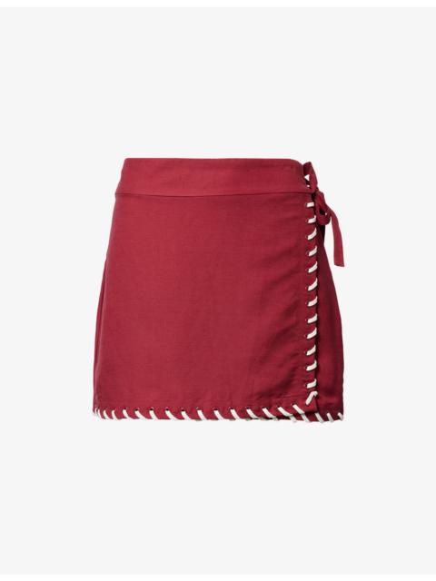 SIMKHAI Stitch Wrap Linen-Blend Mini Skirt