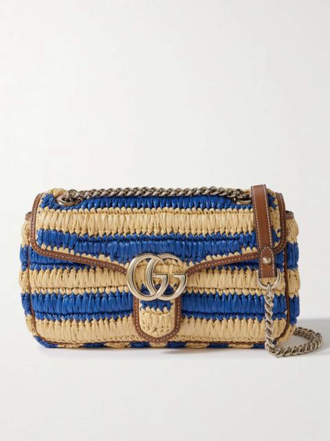 GG Marmont 2.0 leather-trimmed striped raffia shoulder bag Blue