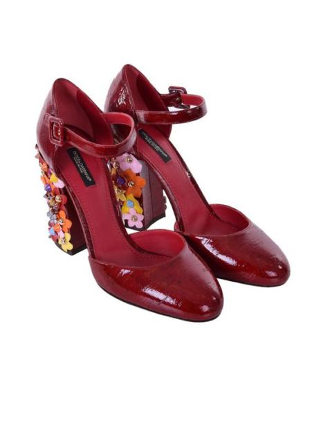 Dolce & Gabbana Lacquered Cork Crystal Floral Pumps Heels VALLY Cherry Red 06677