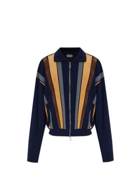 VERSACE VERSACE Navy Blue Striped Leather Cardigan New & Authentic (
