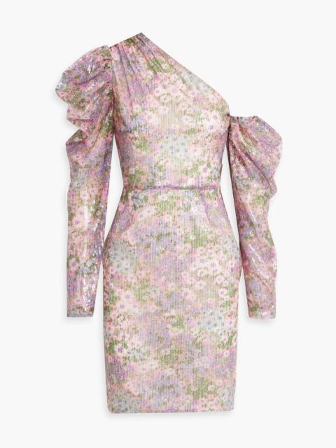 Other Designers One-shoulder floral-print sequined tulle mini dress