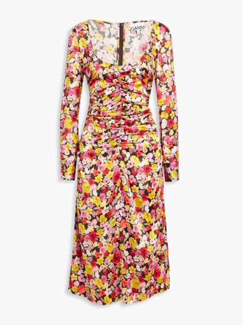 GANNI Ruched floral-print silk-blend satin midi dress
