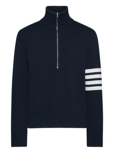 Thom Browne Thom Browne Men Jersey Stitch Funnel Neck Half Zip Pullover In Merino Wool With 4 Bar Stripe