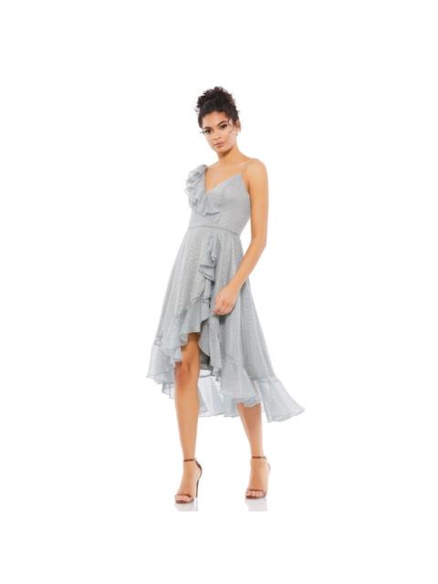 Other Designers NWT IEENA Mac Duggal Ruffle Faux Wrap Midi Dress in Silver Gray Sz 12 $358