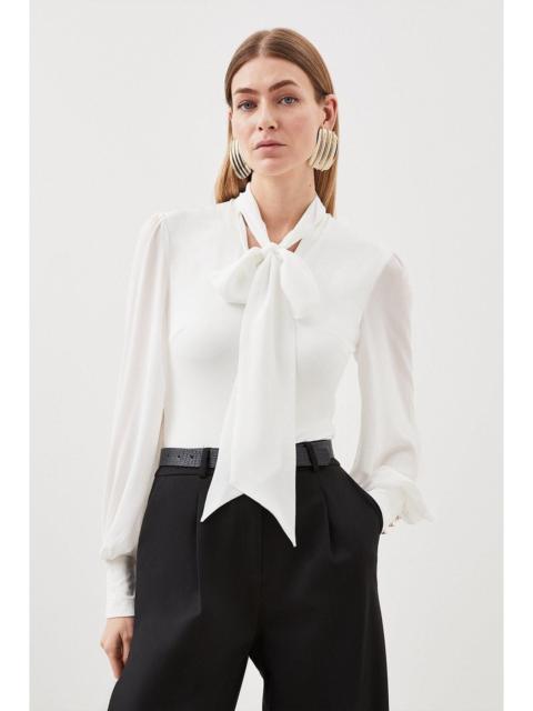 KAREN MILLEN Jersey Ponte And Georgette Mix Tie Neck Long Sleeve Bodysuit