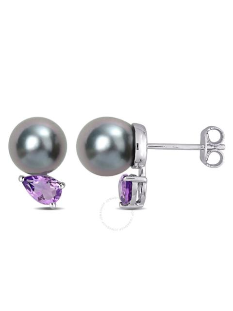 Other Designers AMOUR 8-9mm Black Tahitian Cultured Pearl and 3/4 CT TGW African Amethyst Stud Earrings In Sterling 
