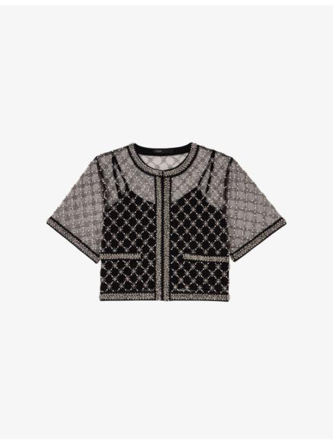 maje Bead-Embroidered Short-Sleeve Tulle Top