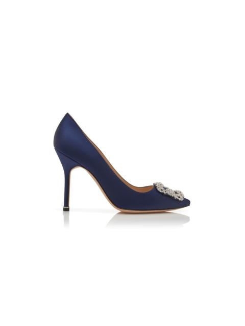 Manolo Blahnik Navy Blue Satin Jewel Buckle Pumps