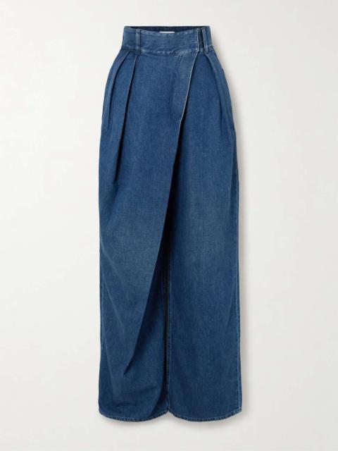 Asymmetric pleated high-rise wide-leg jeans