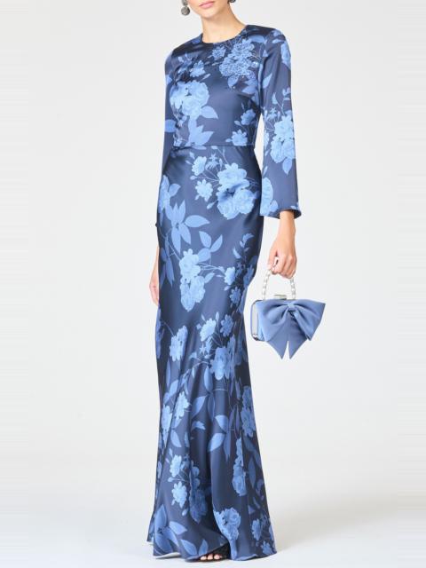SACHIN & BABI Sachin & Babi Alex Crystal Detail Floral Long Sleeve Satin Crepe Gown in Galaxy Roses at Nordstrom