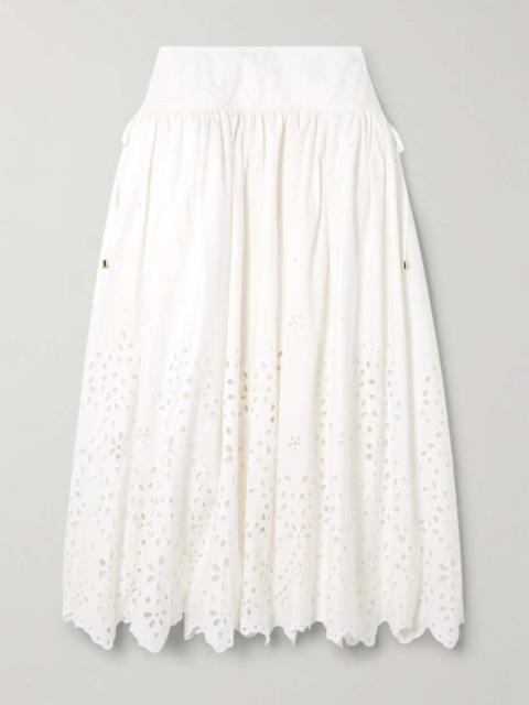 Embellished tie-detailed broderie anglaise cotton midi skirt White