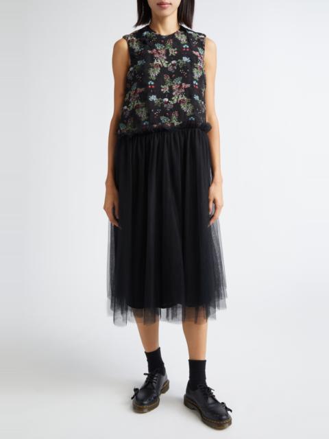 Noir Kei Ninomiya Noir Kei Ninomiya Floral Jacquard & Tulle Midi Dress in Black X Multi at Nordstrom