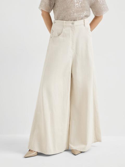 Brunello Cucinelli Washed cotton and linen denim wide sailor trousers with monili