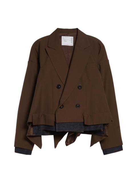 sacai Sacai Double Breasted Suiting & Denim Jacket in Brown/Indigo at Nordstrom