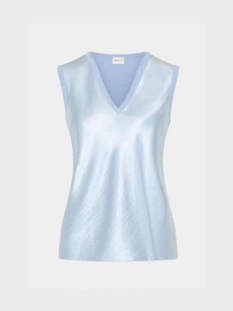 MILLY Satin Knit Combination V-Neck Top