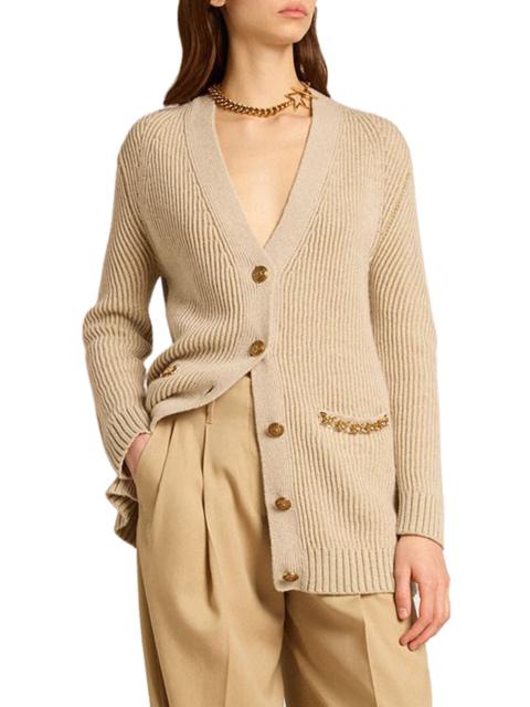 Golden Goose Golden Goose Chain Detail Wool Blend Rib Cardigan in Lambs Wool/Gold at Nordstrom