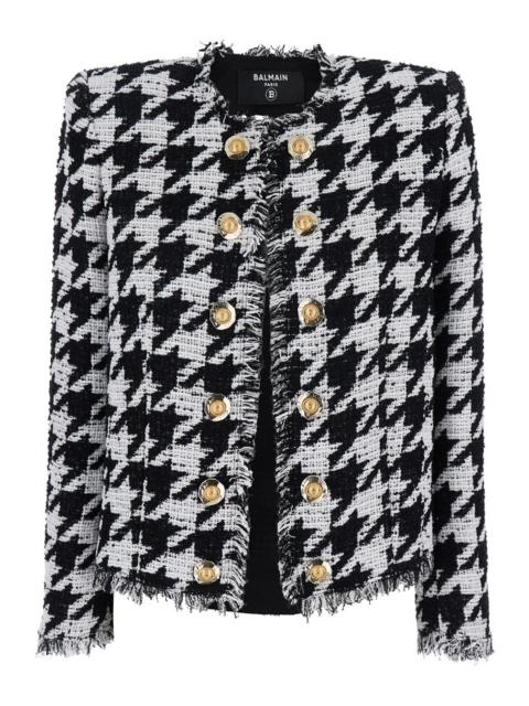 Balmain Women 'Spencer' Black And White Jacket With All-Over Check Motif And Fringed Hem In Cotton B