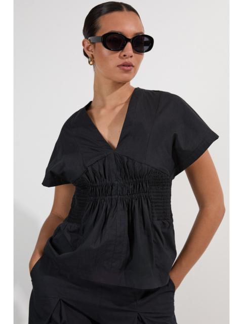 KAREN MILLEN Shirred Cotton Woven Plunge Neck Short Sleeve Top