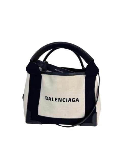 BALENCIAGA Balenciaga Cotton Canvas Calfskin Navy Cabas XS Natural Black Tote Bag