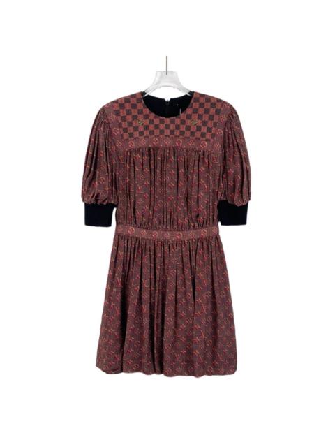 Louis Vuitton Louis Vuitton Red Checkerboard Logo Monogram All-Over Print Silk Crew Neck Dress