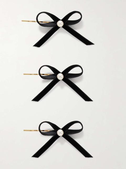Kenna set of three gold-plated, velvet and faux pearl hair slides Black