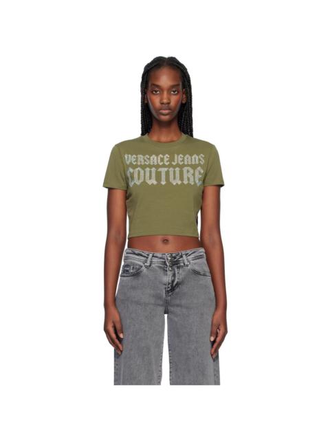 VERSACE JEANS COUTURE Khaki Crystal Gothic Logo Crop T-shirt