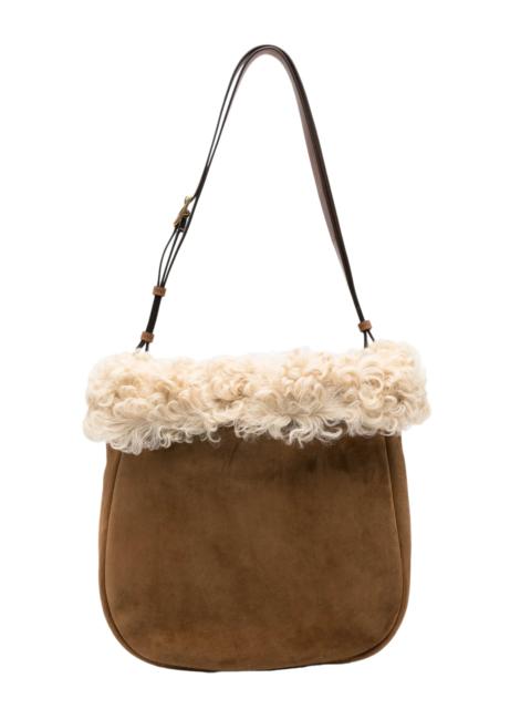 SAINT LAURENT Shearling-Trim Suede Shoulder Bag