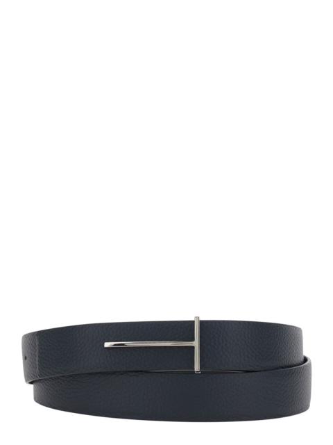 TOM FORD Tom Ford Men Blue Belt With T Buckle Closure On The Front In Grained Leather For Men