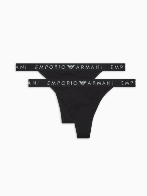 EMPORIO ARMANI Two-pack of ASV Iconic organic-cotton thongs with logo waistband