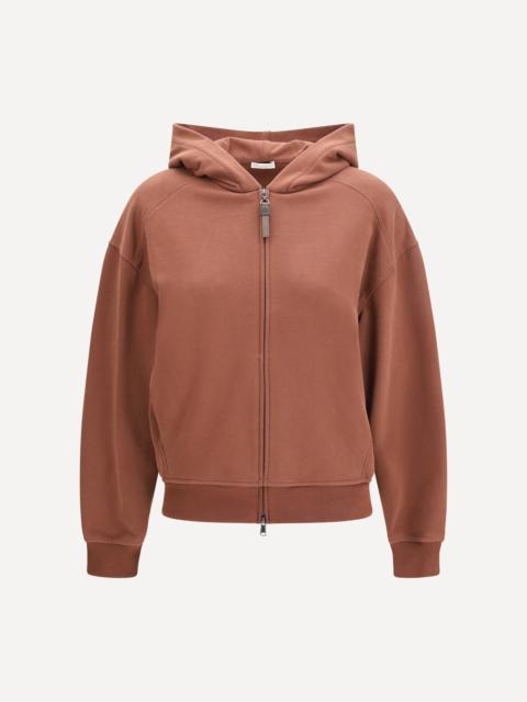 Brunello Cucinelli Hooded Smooth Cotton Sweatshirt with Shiny Zipper Pull