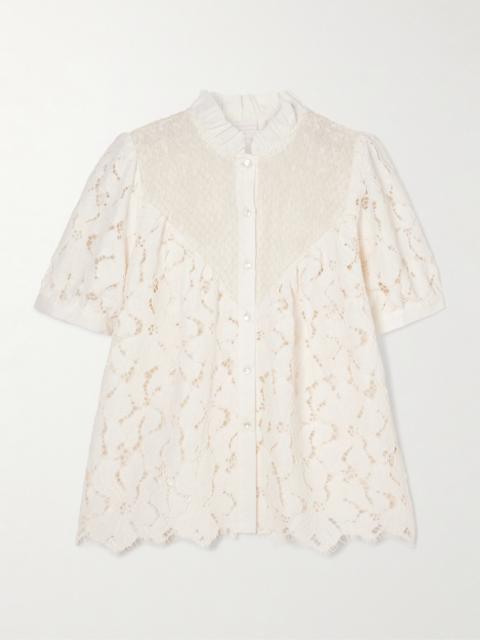 LORETTA CAPONI Iole Ruffled Smocked Cotton-trimmed Guipure Lace Blouse