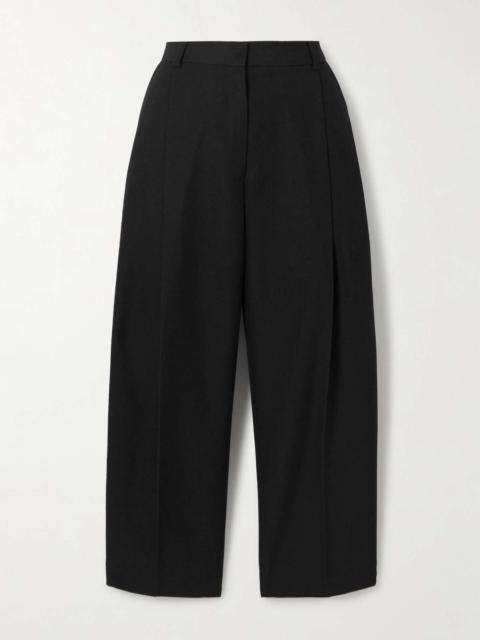 Cropped pleated satin-trimmed recycled crepe straight-leg pants Black