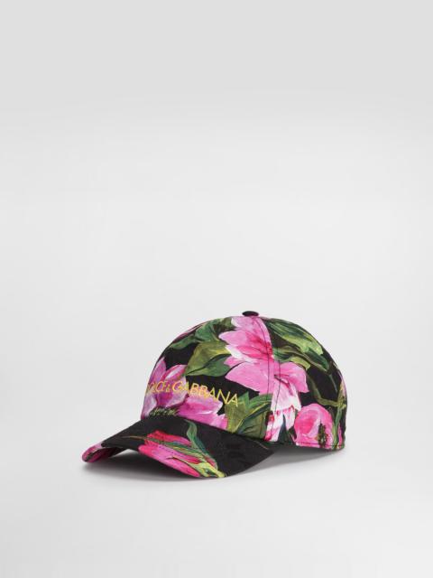 Cotton jacquard baseball cap with a peony print and Dolce&Gabbana logo embroidery