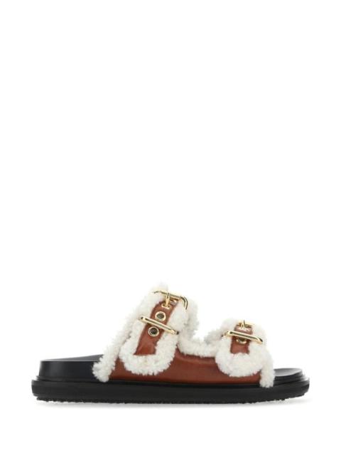 Marni Woman Two-Tone Leather And Shearling Fussbett Slippers