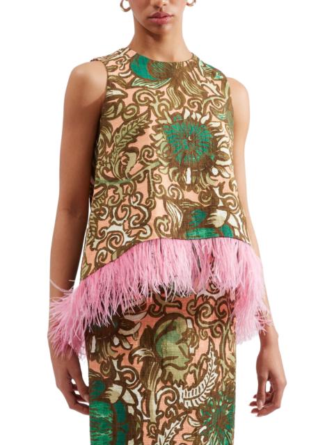 La DoubleJ La DoubleJ La Scala Top With Feathers Anemone Pink Olive at Nordstrom