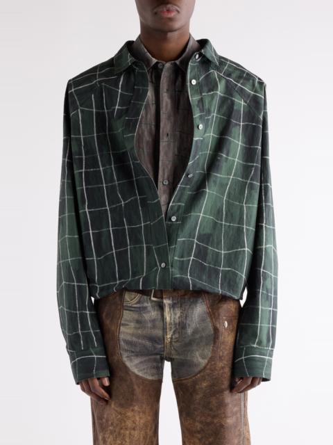 Acne Studios Acne Studios Sayer Painted Check Papery Cotton Poplin Layered Button-Up Shirt in Green/Grey at Nords