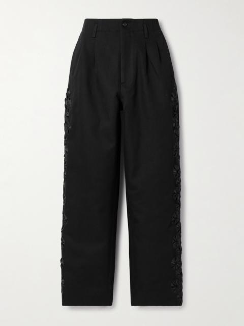 BODE Ribbon Garland Satin-trimmed Pleated Cotton-twill Wide-leg Pants