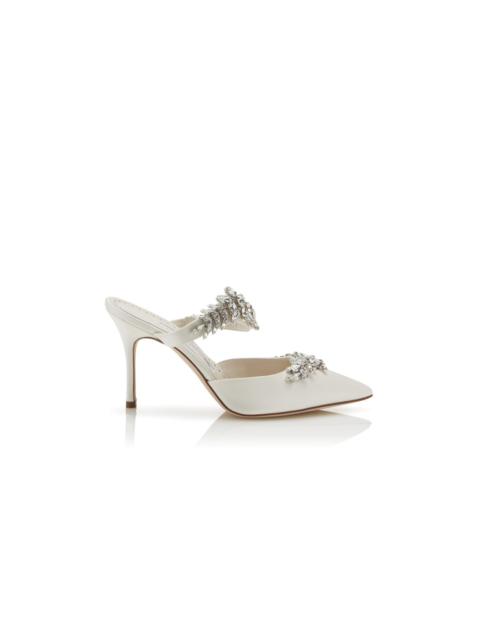 Manolo Blahnik White Satin Crystal Embellished Mules