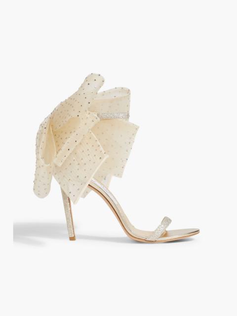 JIMMY CHOO Aveline 100 bow-detailed glittered woven sandals