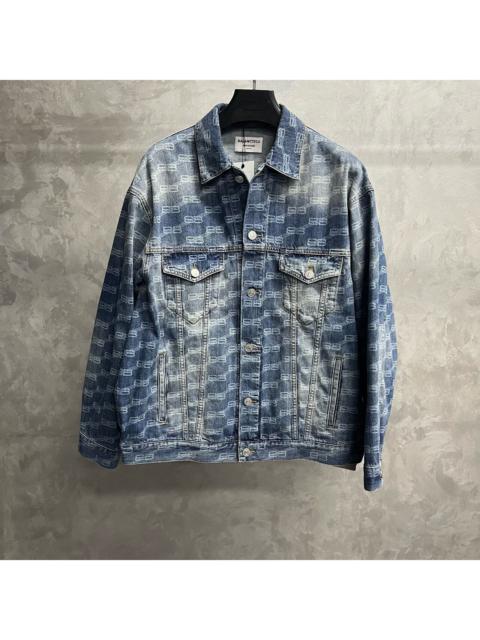BALENCIAGA Balenciaga Blue All-Over Logo Single-Breasted Collared Denim Jacket