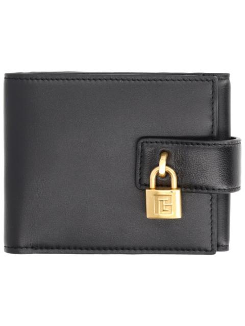 Balmain TRIFOLD PULSE LEATHER WALLET WITH ENGRAVED PADLOCK