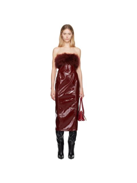 Blumarine Burgundy Marabou Feather Faux-Leather Midi Dress