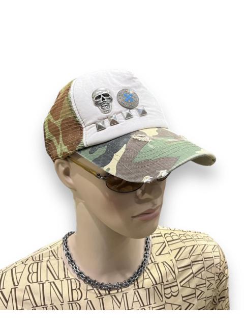 Other Designers Vintage - 🔥Vtg Studded Skull Distressed Army Camouflage Trucker Hat