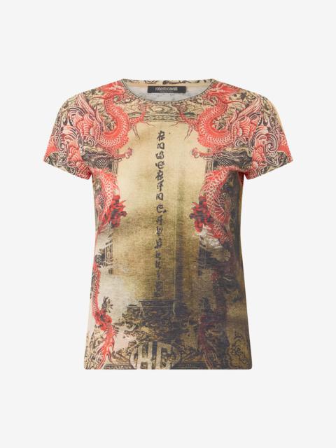 Roberto Cavalli Cotton T-Shirt With Oriental Print