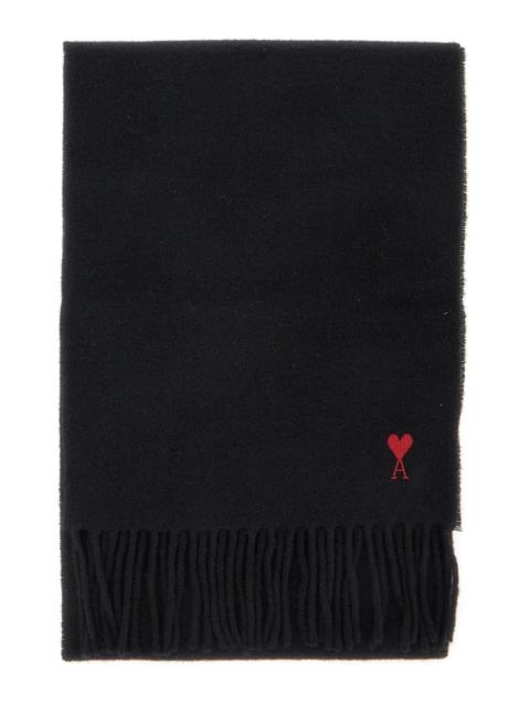 AMI Paris Ami Paris Men Black Scarf With Fringed Hem And Adc Embroidery On The Front In Wool For Men