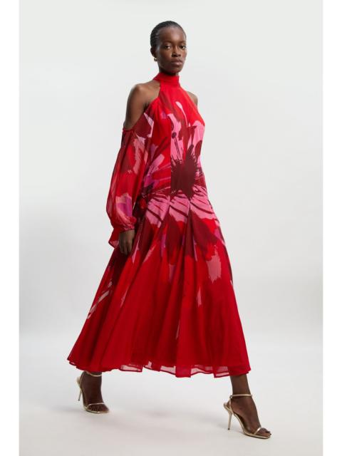 KAREN MILLEN Photographic Floral Crinkle Georgette High Neck Cold Shoulder Woven Maxi Dress